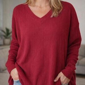 Lildy Red V-Neck Waffle Long Sleeve Sweater - Size XL